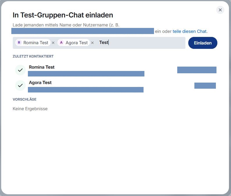 Personen in den Gruppenchat einladen; Vorschläge auf Grundlage der eingegebenen Zeichenfolge werden angezeigt
