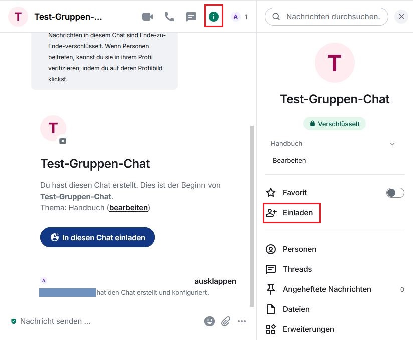 Die Schaltfläche “Chat-Info” und die geöffnete Seitenleiste mit der Schaltfläche Einladen