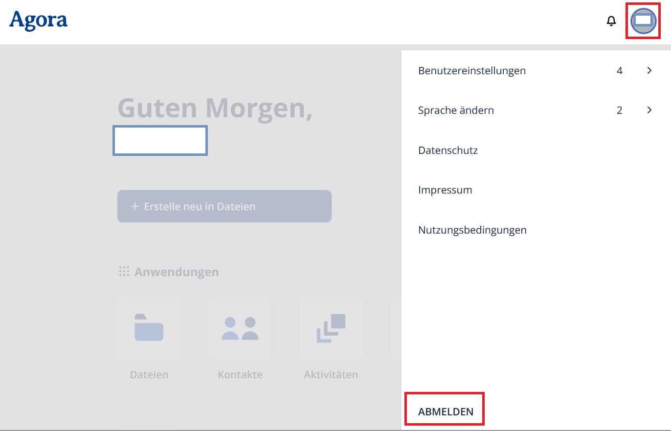 Geöffnetes Benutzermenü auf Startseite