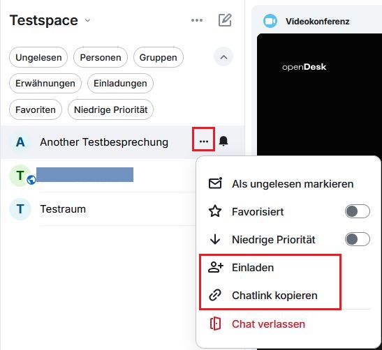 Die Punkte Einladen und Chatlink kopieren im Drei-Punkte-Menü Weitere Optionen aus dem Hauptmenü heraus