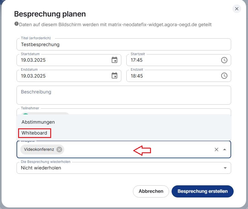 Whiteboard hinzufügen in “Besprechung planen”